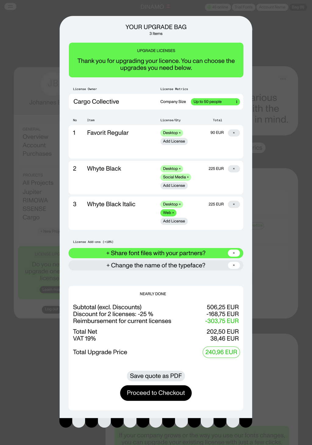 Dinamo Licensing Account Project Licenses Upgrade